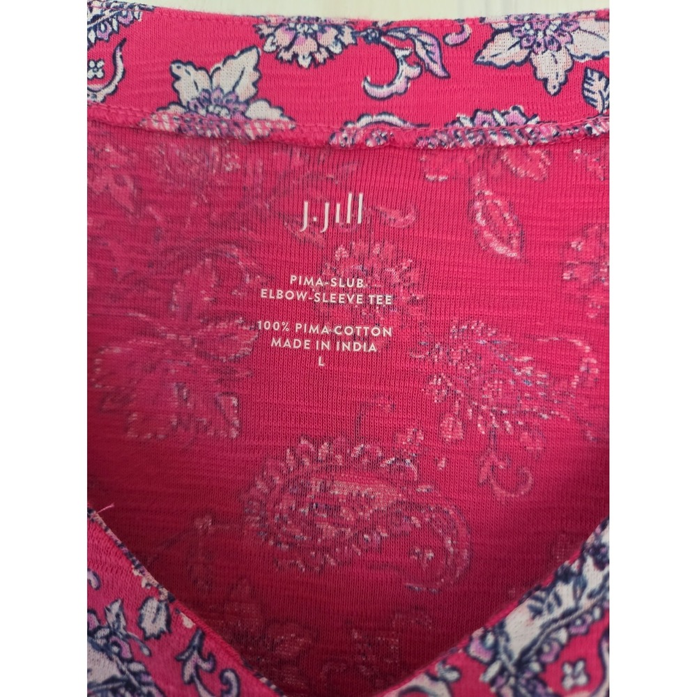 J. Jill Pima Slub Elbow Sleeve Floral Paisley Pink V Neck Tee Large - Picture 2 of 6
